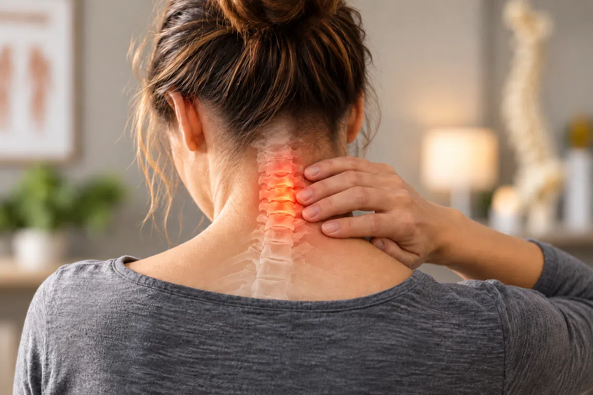 Femme ressentant une douleur cervicale et une raideur de la nuque